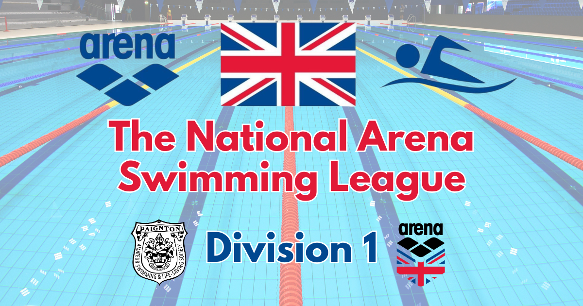 National Arena Swimming League Division 1 banner with Paignton club crest and swimming pool